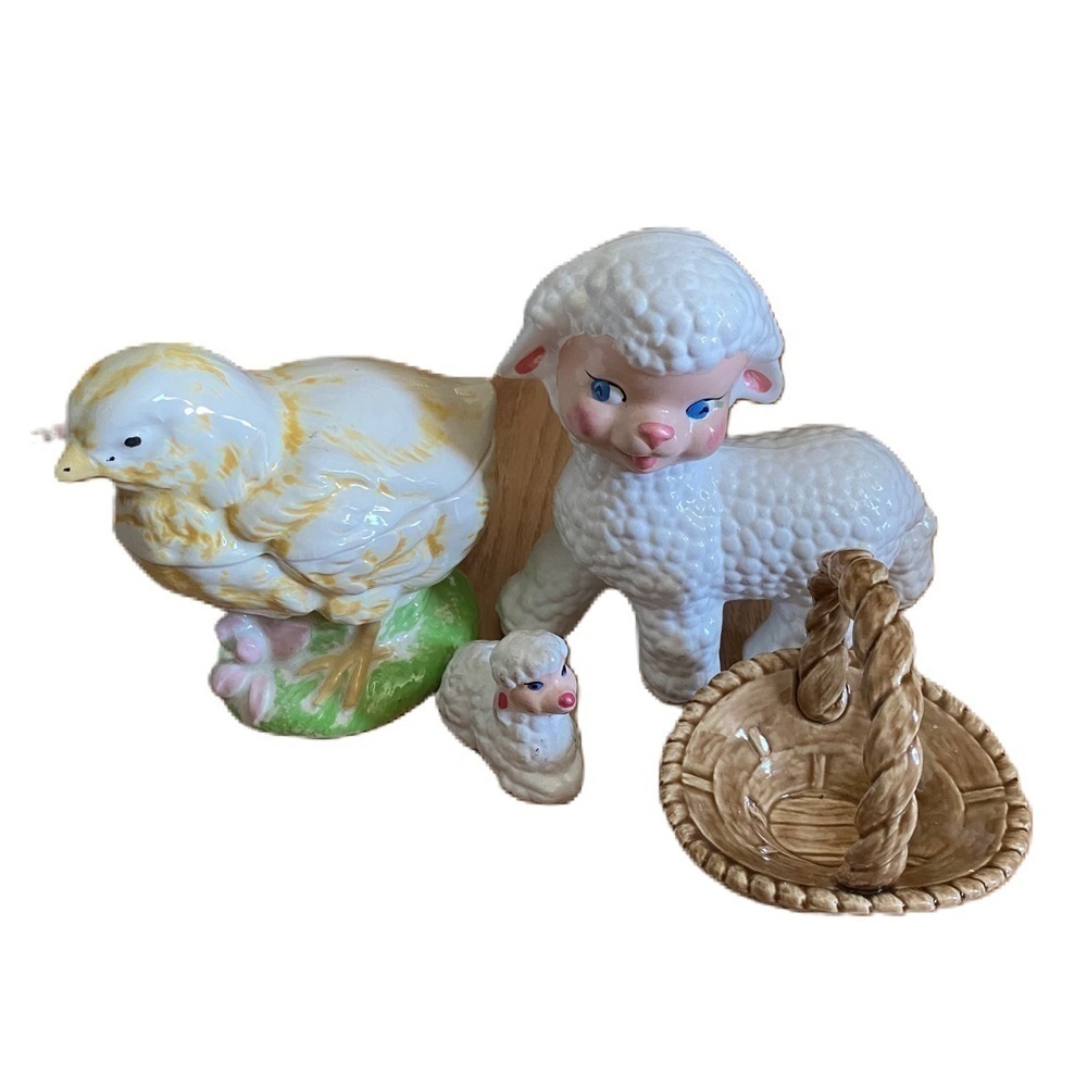 Vintage Easter Ceramic Decoration Lot Bundle Lamb MCM Basket Baby Chick Chicken